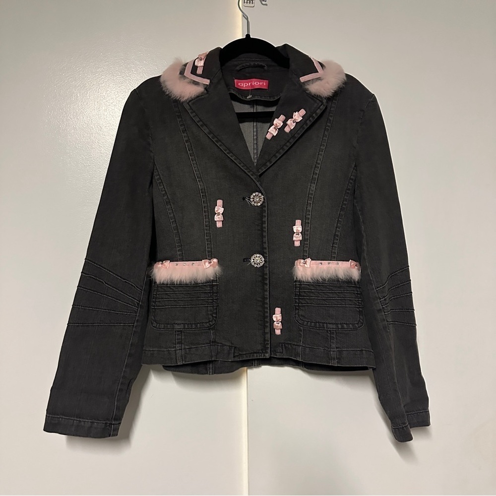 Apriori By Escada Denim fur stim Y2K pink bows Jacket Size 6